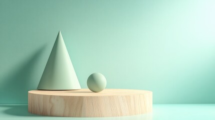 Poster - Abstract pastel green background featuring geometric shapes and a wooden pedestal 3D rendering