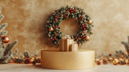 Aufkleber - Beige podium with a golden surface and a Christmas wreath backdrop Mockup for showcasing gifts or products 3D render