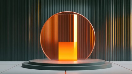 Aufkleber - 3D render of a circular and glass backdrop featuring a transparent orange cylinder podium within a square