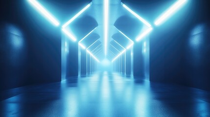 Poster - Abstract light tunnel with a blue background featuring a portal illuminated by rays neon lights and spotlights A dark empty scene showcases neon elements Symmetrical reflections and perspective in