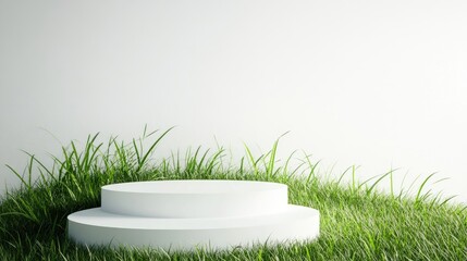 Aufkleber - White step podium in a grassy field for product display set against a white background 3D rendering
