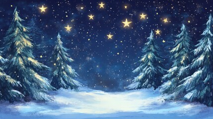 Poster - Festive backdrop featuring stars and snow covered evergreen trees