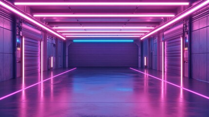 Poster - Futuristic metal garage with neon framing featuring an empty iron tunnel and production hangar Neon lighting creates a striking background for product display 3D rendering