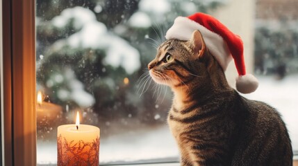 Poster - A striped cat wearing a red Christmas hat attentively looks out a snowy window. A warm candlelight glows in the foreground, creating a cozy winter atmosphere during the holiday season.