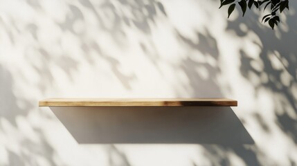 Aufkleber - Minimalist white wall featuring a wooden shelf for showcasing products Unoccupied space with tree leaf shadows Three dimensional room background with open area for text 3D render visualization