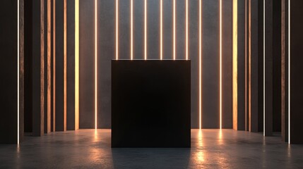 Poster - Dark square pedestal for showcasing products surrounded by linear lights in a lifelike 3D abstract backdrop