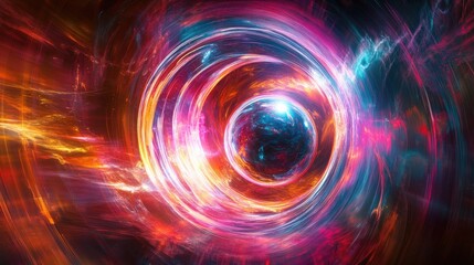 Poster - Vibrant abstract backdrop featuring a dynamic frame design Enchanting neon sphere with blurred LED swirls Mystical portal effect with rotating lines and glowing spiral accents