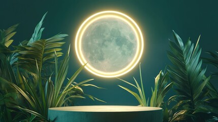Aufkleber - Empty podium featuring a neon moon against a lemon grass background 3D render of an abstract scene with a floating pedestal and a neon circle frame