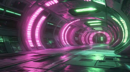 Poster - Futuristic sci fi interior featuring abstract design elements with pink and green glowing neon tubes 3D illustration and rendering