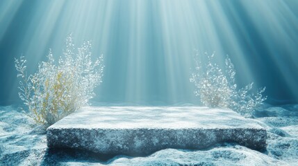 Poster - Underwater mockup concept for showcasing a product Features a cobblestone podium and crystal seaweed with water caustics against a blue backdrop Clipping path for each element is included 3D rende
