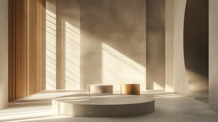 Aufkleber - 3D rendering studio featuring geometric shapes and a podium on the floor designed for product display