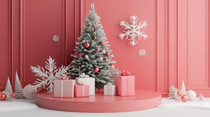 Aufkleber - 3D Rendered scene of a festive podium platform adorned with a Christmas tree presents ornaments and snowflakes embodying a winter theme Abstract minimalistic product display for the holiday season