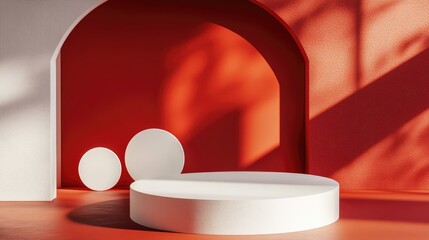 Poster - 3D minimal studio background featuring a red and white podium scene Abstract geometric shape illustration for holiday product displays