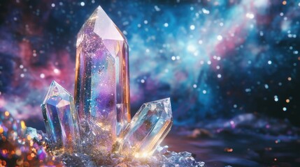 Poster - cosmic elements within a crystal set against a backdrop of open space