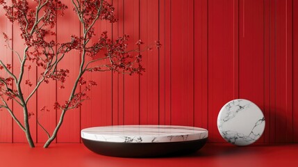 Aufkleber - 3D abstract background in traditional style featuring a product podium mockup on a vibrant red backdrop 3D rendered illustration