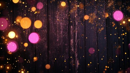 Poster - Festive panoramic banner with pink and yellow bokeh lights and golden glitter against a dark wooden texture viewed from above with space available for text