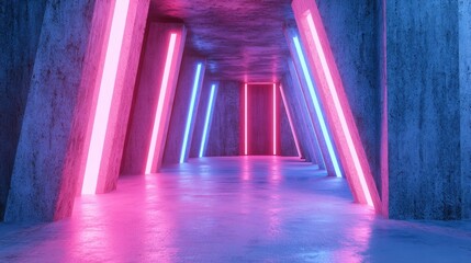 Poster - Futuristic sci fi interior featuring glowing pink and blue neon tubes in an abstract concrete design 3D illustration and rendering