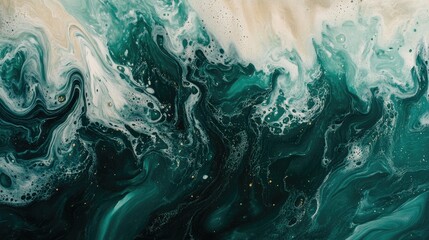 Aufkleber - Abstract fluid art featuring acrylic paints with swirling green waves and sandy textures showcasing liquid splashes and a marbled background effect