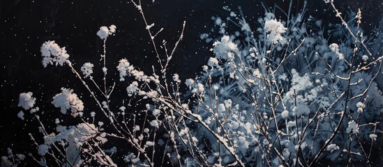 Poster - Snow On The Branches Of A Shrub At Night
