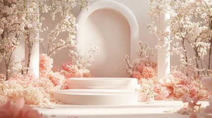 Poster - 3D background featuring flower podiums and an abstract minimal scene for a romantic setting