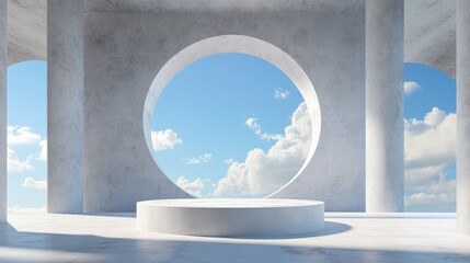 Poster - Abstract cylindrical podium for product display featuring columns and a circular opening against a blue sky 3D rendering