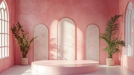 Fototapete - 3D podium showcase featuring a pink background