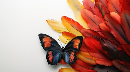 Poster - Vibrant feathers and a butterfly displayed against a white backdrop
