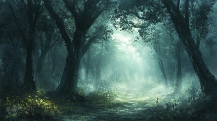 Aufkleber - A thick enchanting mist shrouds an old forest