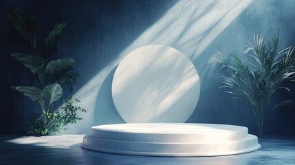 Poster - 3D product backdrop featuring architectural elements natural lighting and a podium against a dark setting ideal for branding and product showcase 3D rendered illustration