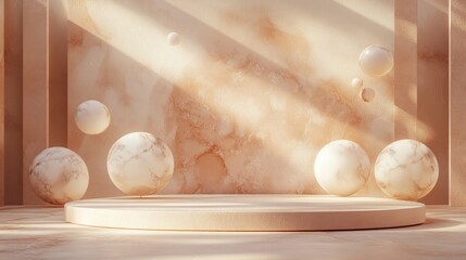Aufkleber - Minimalistic 3D rendering featuring a podium and abstract backdrop Clean commercial scene ideal for showcasing products 3D illustration of a stage display
