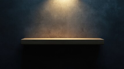 Poster - 3D render of a blank mockup on a concrete wall featuring a wooden shelf lit from the front in a perspective view