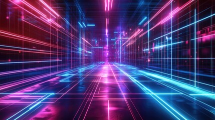 Fototapete - Abstract background featuring glowing lines neon lines and laser beams in a futuristic technological style created in 3D cartoon rendering