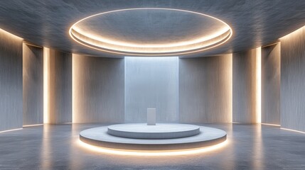 Poster - Contemporary empty hall featuring a central podium and circular lighting Concept of performance and presentation 3D rendering