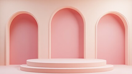 Poster - Exhibition podium and stand displayed on a pastel light background for premium products 3D render Studio featuring geometric shapes and arches serving as an architectural backdrop for advertisemen