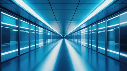 Poster - Futuristic interior corridors of a sci fi spaceship featuring a sleek design with blue hues Conceptual technology background created through 3D rendering