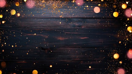 Poster - Festive panoramic banner with pink and yellow bokeh lights and golden glitter against a dark wooden texture viewed from above with space available for text