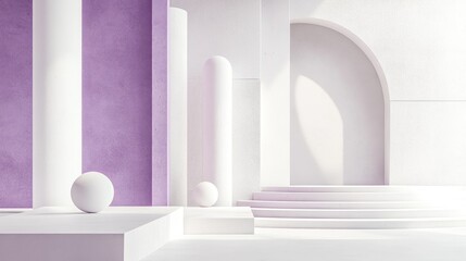 Aufkleber - Minimal abstract geometric shapes in white and purple violet tones featuring a 3D rendered podium