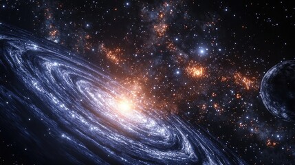 Aufkleber - Abstract representation of planets and stellar galaxies with a cluster of stars in an infinite Universe 3D cartoon rendering of