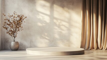 Aufkleber - Neutral platform against a wall and curtain backdrop mockup setting for product display 3D rendering