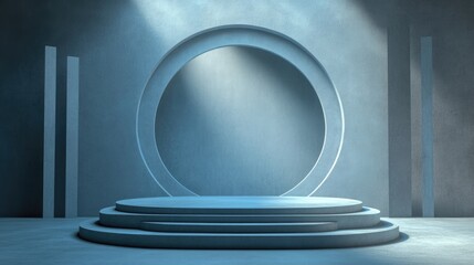 Poster - Circle podium with a light blue background showcasing a sale at 0 percent for product presentation in a 3D rendering of a stage performance