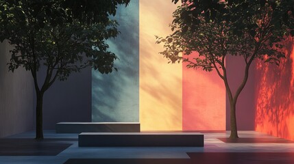 Fototapete - Variety of 3D rendered platforms featuring vibrant wall backgrounds and tree silhouettes