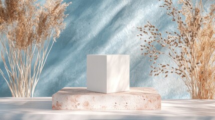 Aufkleber - Minimal cube box on a natural beauty podium with an abstract background featuring pastel blue and coral colors Stylish 3D rendering suitable for social media banners promotional content and cosmet