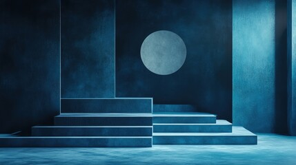 Fototapete - Abstract minimal exhibition backdrop featuring geometric shapes and steps Simple background for showcasing product design Podium setup for product display 3D rendering
