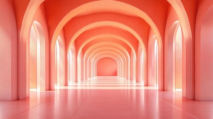 Poster - Long tunnel featuring arches designed for product display podium in coral hues 3D rendering