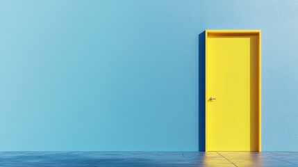 Poster - Open yellow door against a blue background featuring a minimalist design in 3D rendering