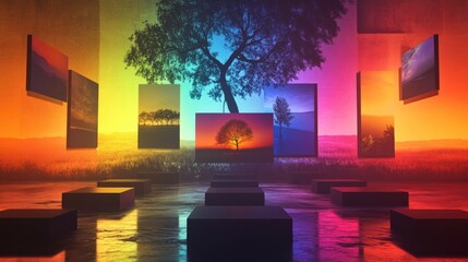 Aufkleber - 3D display platform showcasing various formats against a multicolored backdrop featuring a tree silhouette
