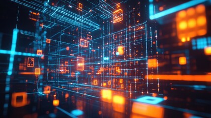 Poster - Illuminated LED technology with luma effects featuring glare cubes digital signals radiant grids and modern data visualization elements like neon flares and quantum computing networks