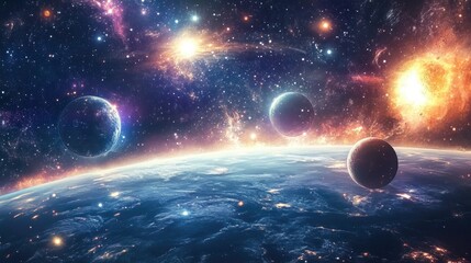 Poster - Rendering of a 3D cartoon depicting a 2D illustration of a deep vast space filled with bright stars planets and moons It features various creative backdrops related to science fiction showcasing a