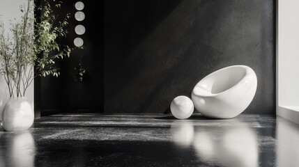 Poster - Dynamic interior featuring smooth white objects set against a black backdrop 3D illustration and rendering