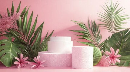 Poster - 3D podium display for product showcasing with a summer theme Pedestal platform for beauty product promotion